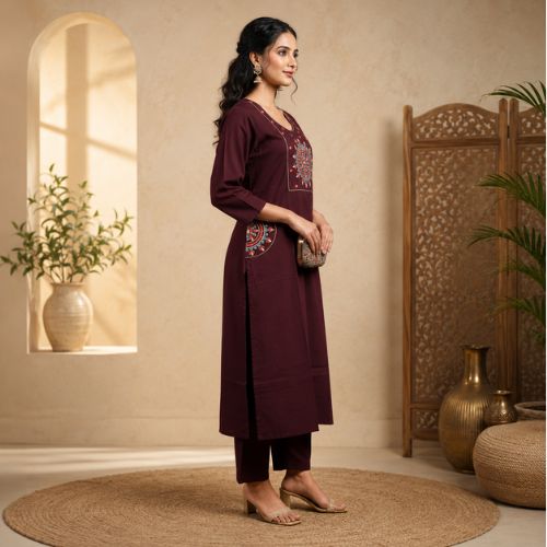 Embroidered Kurta - Maroon - Image 3