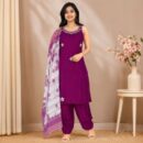 Embroidered Kurti Pant Set - Deep Magenta