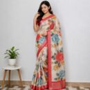 Rashmika Linen Embroidery Saree - Ivory Cream