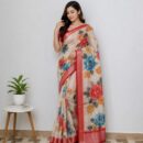 Rashmika Linen Embroidery Saree - Pearl White