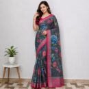 Rashmika Linen Embroidery Saree - Charcoal Grey