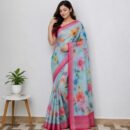 Rashmika Linen Embroidery Saree - Sky Blue